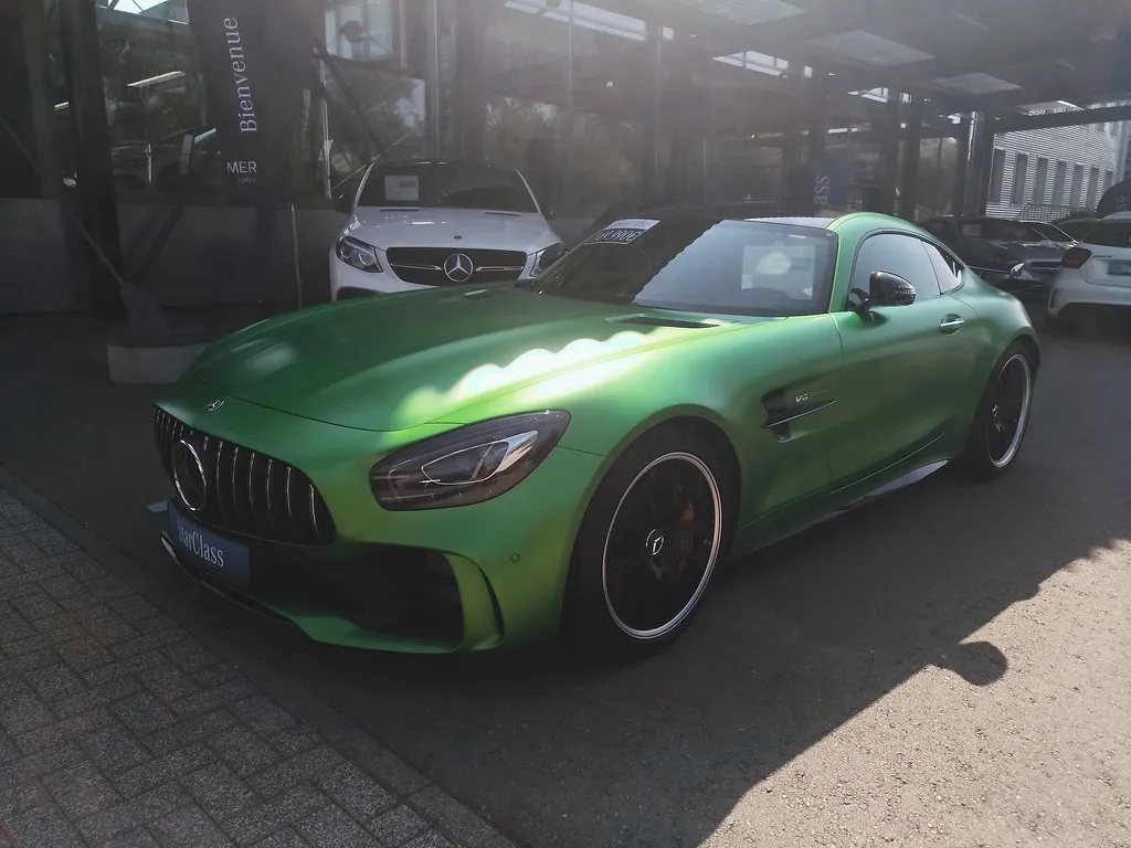 Green Mercedes-AMG GT R front three-quarter view