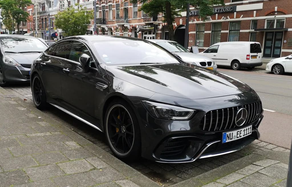 Black Mercedes-AMG GT 63 4-Door front three-quarter view