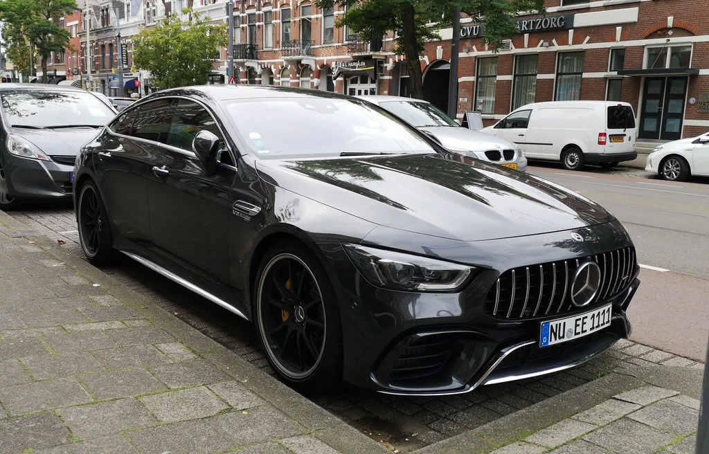 Black Mercedes-AMG GT 63 4-Door front three-quarter view